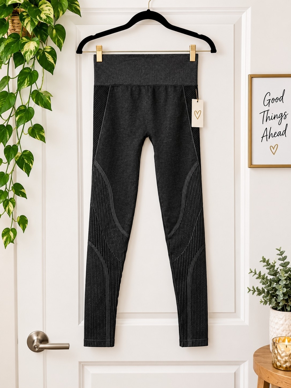 Nova Sport NWT Charcoal Gray Seamless Ribbed Leggings High Waisted Yoga Size S